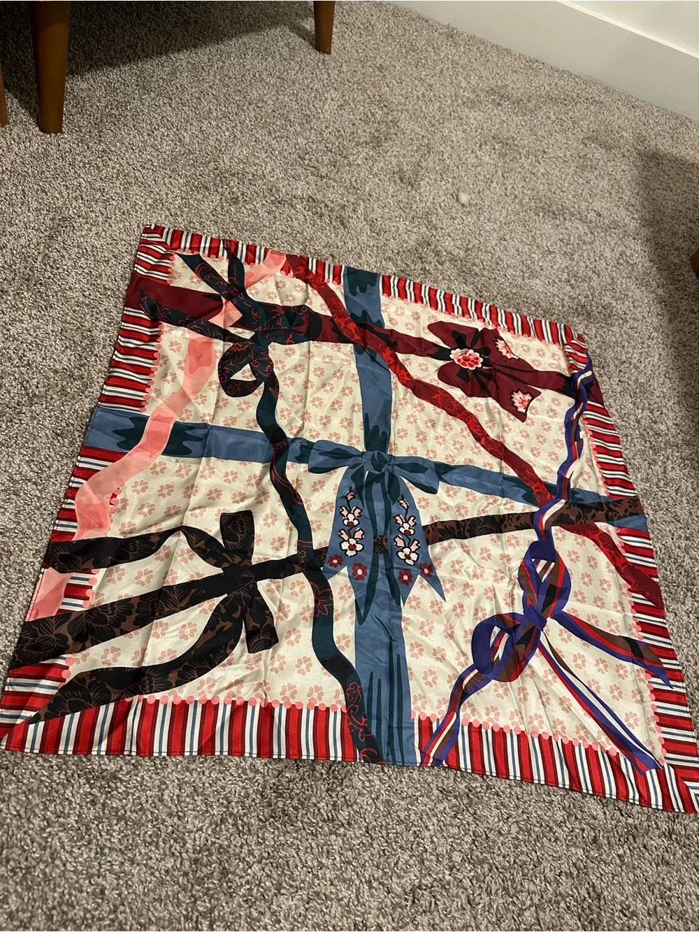 Square Silk Scarf with Ribbon Motif - Red, Blue, Cream